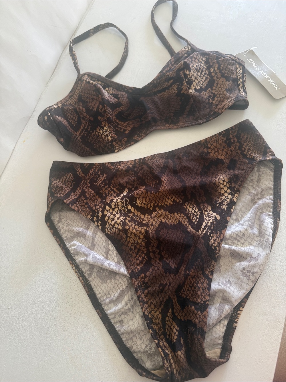 Jones New York brown snakeskin python design two-piece bathing suit size 12 New